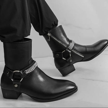 mens harness boots, men's harness boots, chain harness boots, black harness boots, harness ankle boots, mens ankle boots, men's ankle boots, black ankle boots men, mens black boots, men's black boots, O ring boots, O-ring harness boots, chain boots men, side zip boots, zip ankle boots, gothic mens boots, gothic boots men, western ankle boots, western inspired boots, biker ankle boots, moto boots men, alternative mens shoes, dark romantic fashion, vintage inspired menswear, gothic menswear