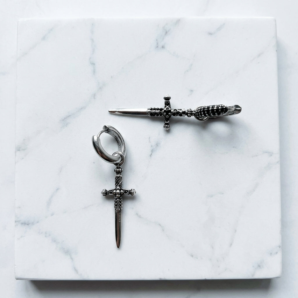 Women’s & Men’s 925 Sterling Silver Gothic Sword Huggie Hoop Medieval Dagger Earrings