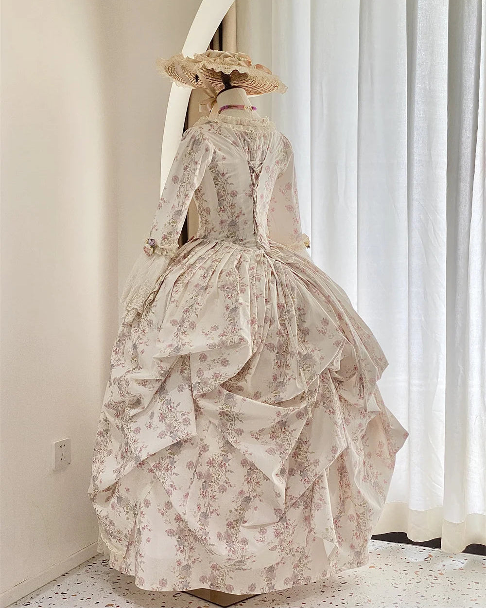 White & Pink Floral Rococo Court Dress 18th Century Inspired Ball Gown with Lace Flared Sleeves