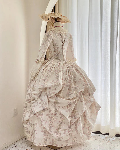 White & Pink Floral Rococo Court Dress 18th Century Inspired Ball Gown with Lace Flared Sleeves