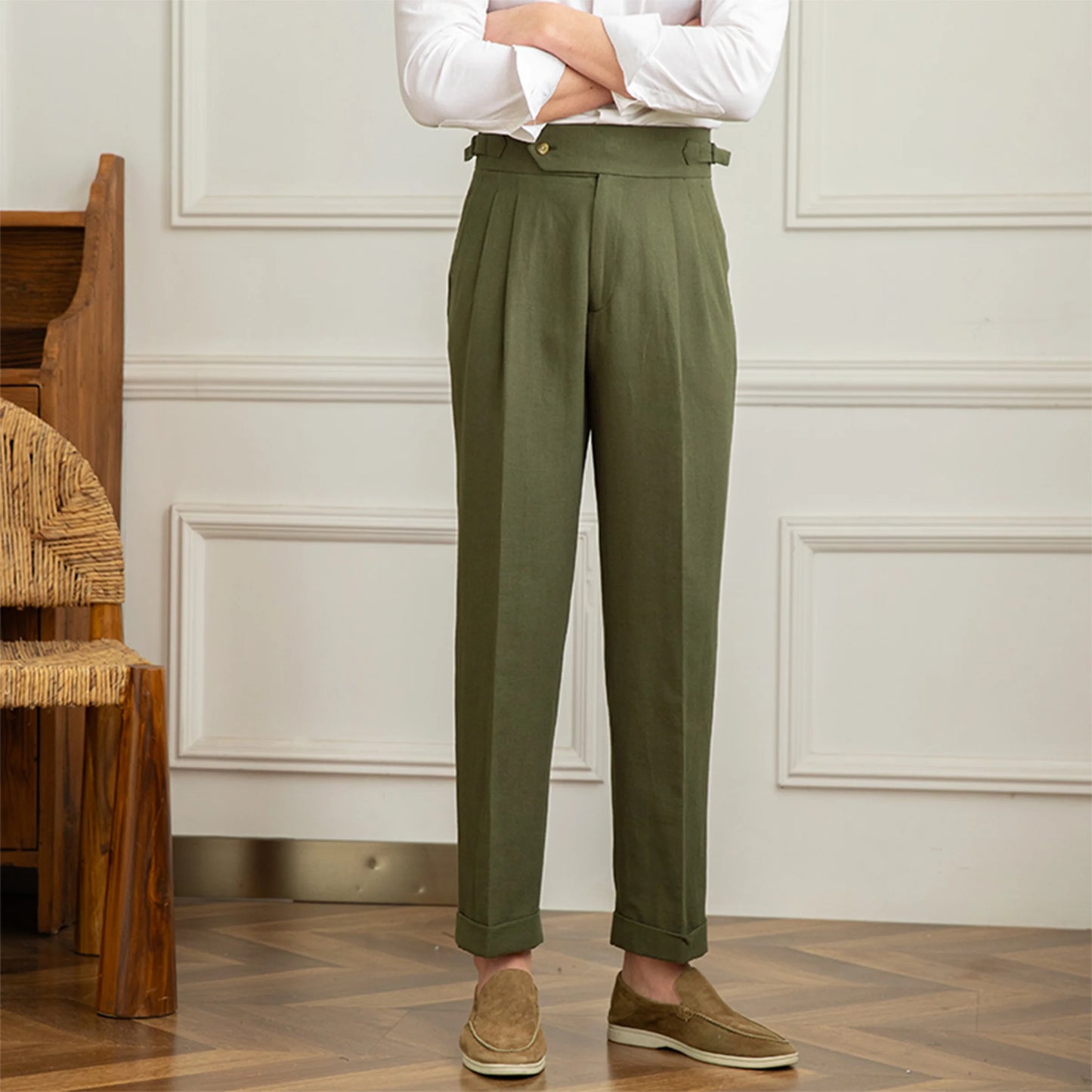 men's linen trousers, linen cotton trousers, pleated trousers, double pleated trousers, men's tapered trousers, tailored trousers, vintage trousers, vintage menswear, men's tailored pants, linen pants men, cotton linen pants, pleated pants men, tapered pants men, classic trousers, heritage menswear, romantic menswear, old world clothing, vintage inspired clothing, neutral trousers, beige trousers, cream trousers, men's dress trousers, smart casual trousers, extended waistband trousers, cuffed trousers