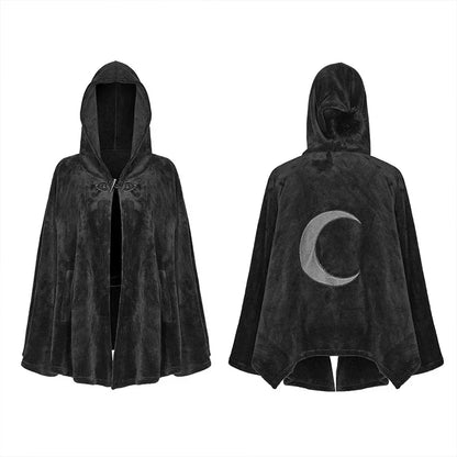 Women's Renaissance Gothic Black Velvet Short Embroidered Crescent Moon Hooded Cloak