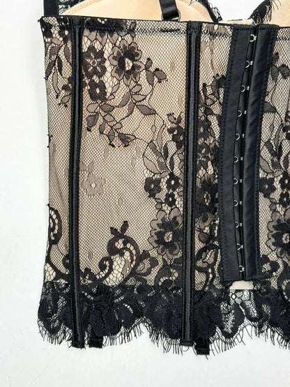 Gothic Floral Lace Women's Overbust Boned Corset Top with Sheer Mesh