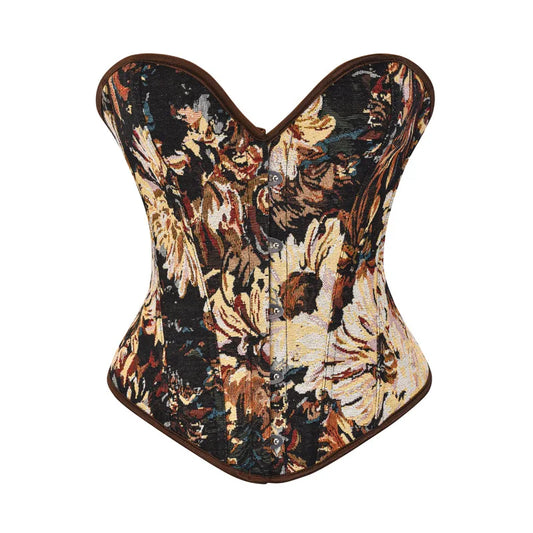 Women’s Brown Vintage Floral Jacquard Overbust Corset Top