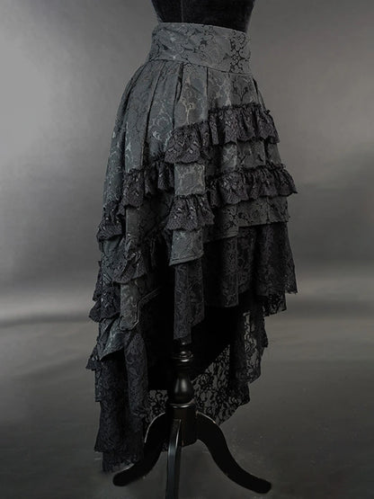 Victorian Gothic High-Low Women's Black Tiered Layered Jacquard Lace Corset Skirt