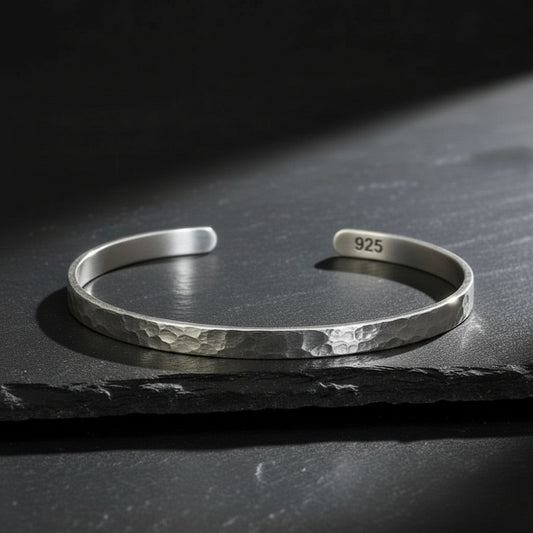 Men's 925 Sterling Silver Hammered Polished Cuff Bangle