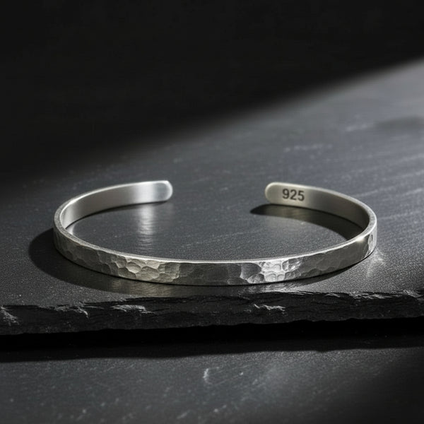 Men's 925 Sterling Silver Hammered Polished Cuff Bangle