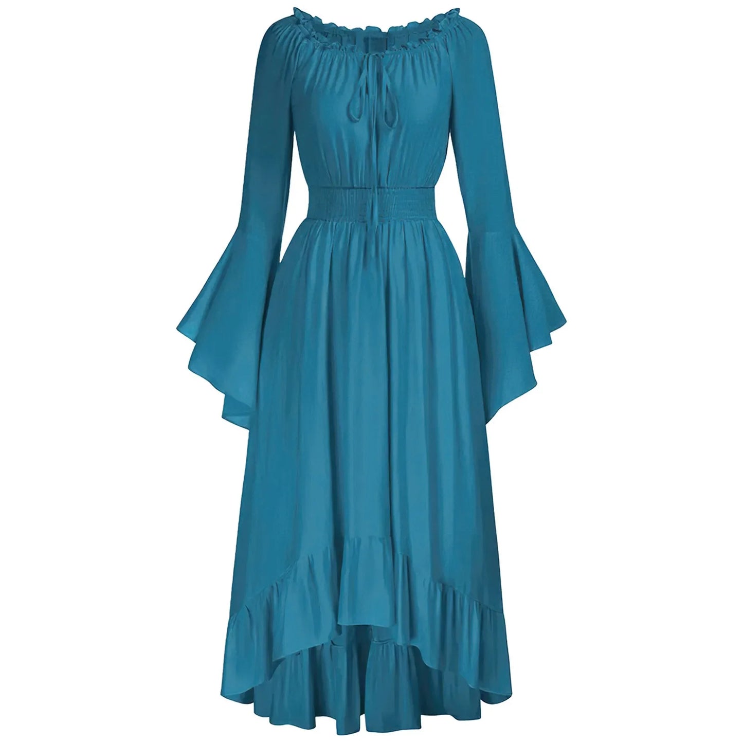 Vintage Medieval Renaissance Women's Maxi A-Line Dress with Long Flared Sleeves & Lace Collar