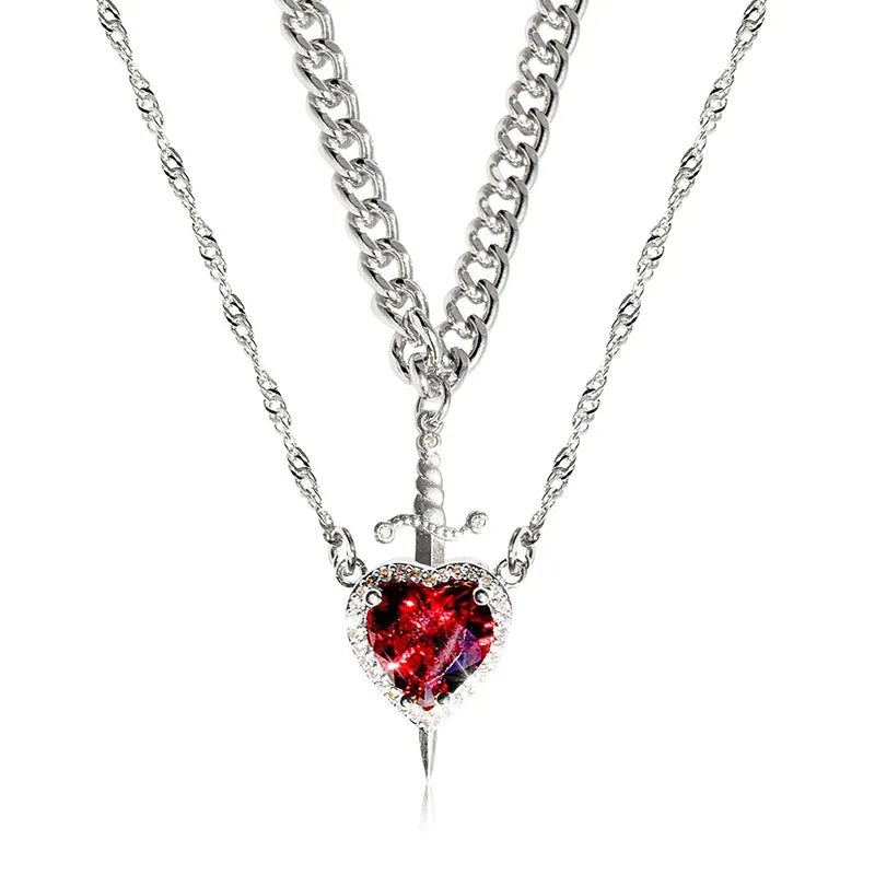 Romantic Heart & Sword Zircon Gothic Fantasy Matching Couple Necklaces