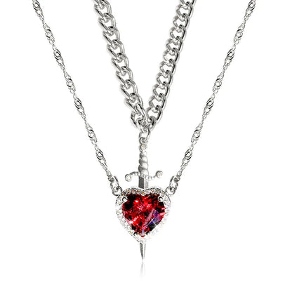 Romantic Heart & Sword Zircon Gothic Fantasy Matching Couple Necklaces