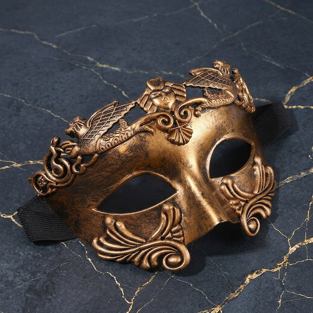 men's Venetian masquerade mask, antique copper mask, baroque masquerade mask, men's gothic mask, Venetian carnival mask, bronze eye mask, vintage masquerade mask, ornate half face mask, Renaissance masquerade, Victorian masquerade accessory, winged figure mask, Venetian ball mask, mysterious gentleman costume, gothic formal accessories, masked ball costume, Halloween mask men, theatrical face mask, antique gold masquerade mask