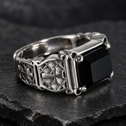 Men’s 925 Sterling Silver Black Agate Gothic Cross Signet Ring
