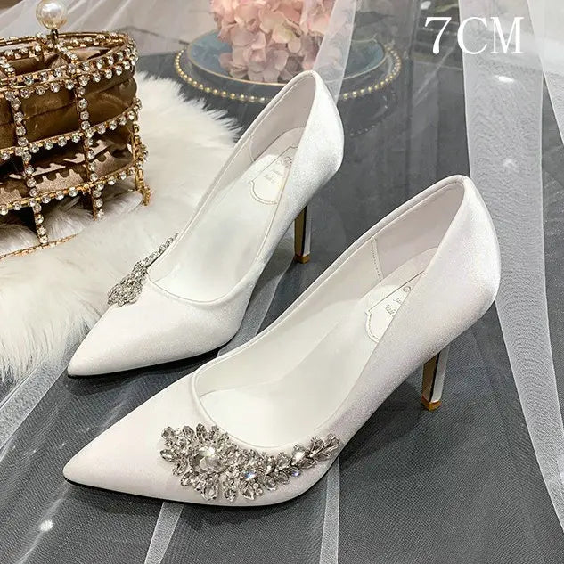 Satin Pointed Toe Bridal Wedding Thin High Heels with Side Rhinestones