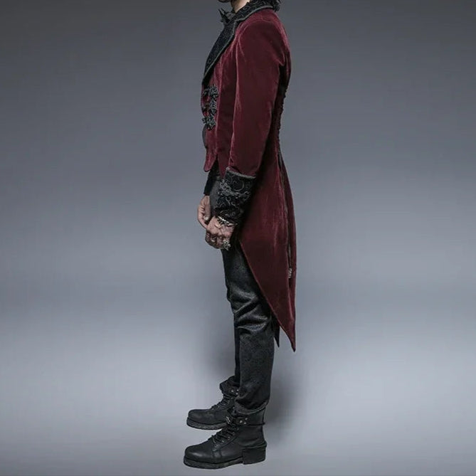 Men's Gothic Crimson Red & Black Embroidered Victorian Aristocrat Tailcoat Jacket