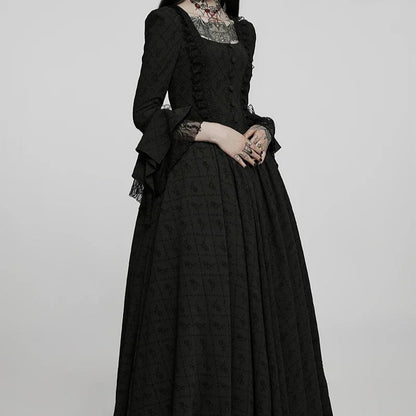 Victorian Roses & Thorns Embroidered Black Jacquard Gothic Nobility Gown with Flared Lace Sleeves