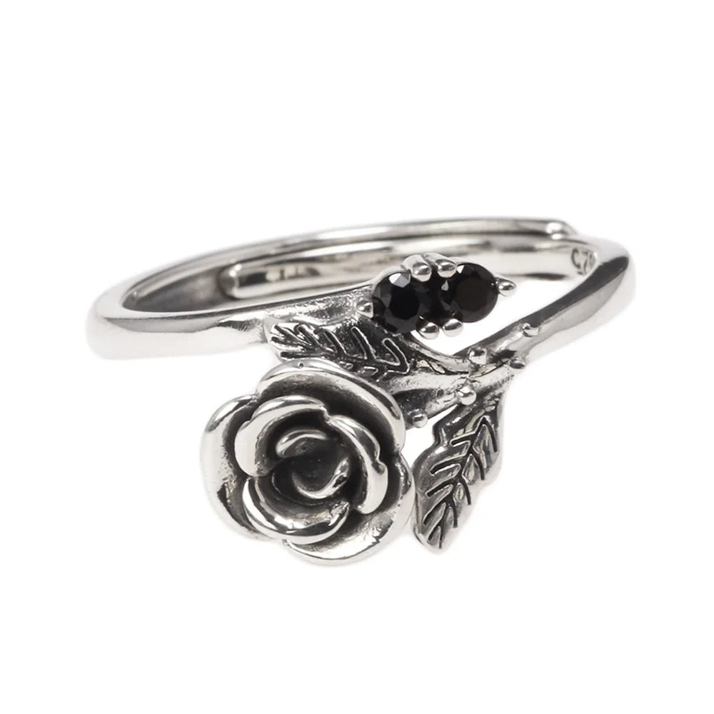S925 Sterling Silver Vintage Rose Adjustable Women's Ring with Black Zircon