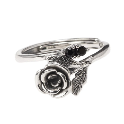 S925 Sterling Silver Vintage Rose Adjustable Women's Ring with Black Zircon