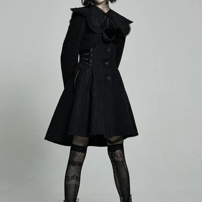 Women's Gothic Woolen Jacquard Slim Fit Winter Coat with Faux Fur Collar & Retro Rose Buttons