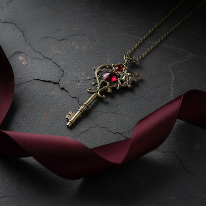 Women’s Vintage Fairy Key Pendant Necklace | Red Zircon Butterfly Charm