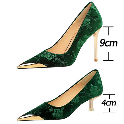 Luxury Women's Stiletto High Heels with Vintage Floral Embroidery & Metallic Pointed Toe