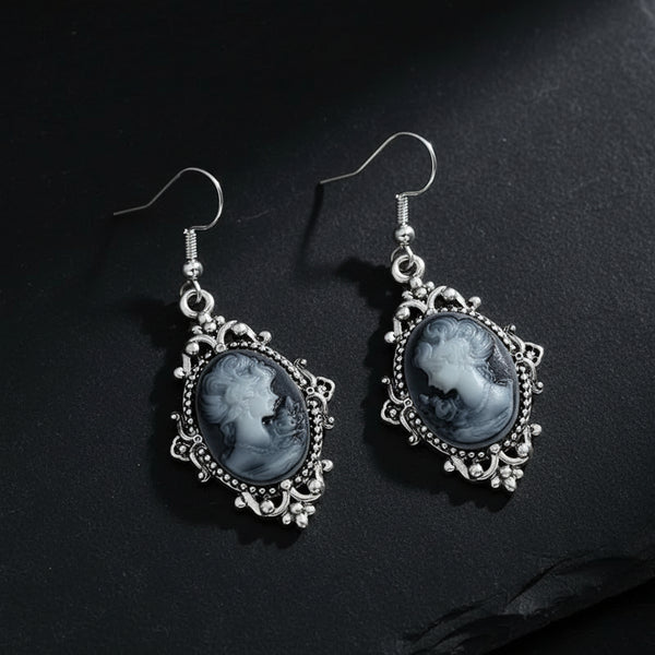 Women's Victorian Cameo Antique Portrait Edwardian Silver Filigree Drop Earrings
