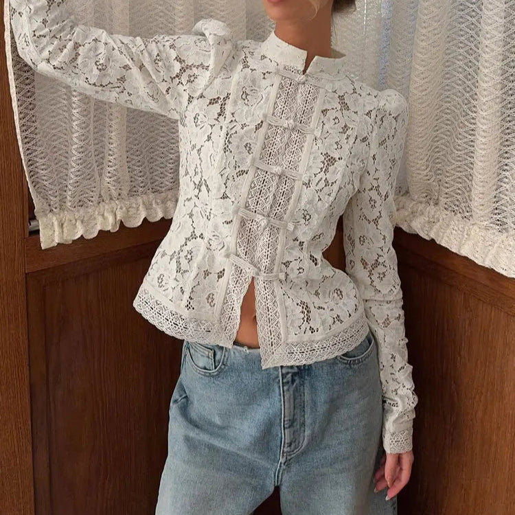 Women's Vintage Renaissance Embroidered Lace Blouse with High Neck Puff Sleeves
