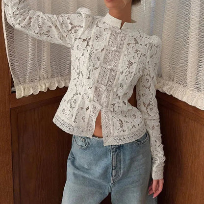 Women's Vintage Renaissance Embroidered Lace Blouse with High Neck Puff Sleeves