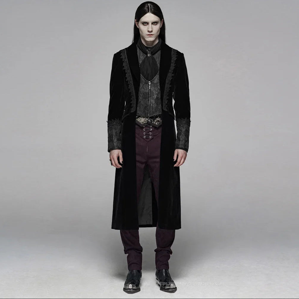 Men’s Gothic Renaissance Velvet Jacquard Slim-Fit Medium-Length Aristocrat Coat