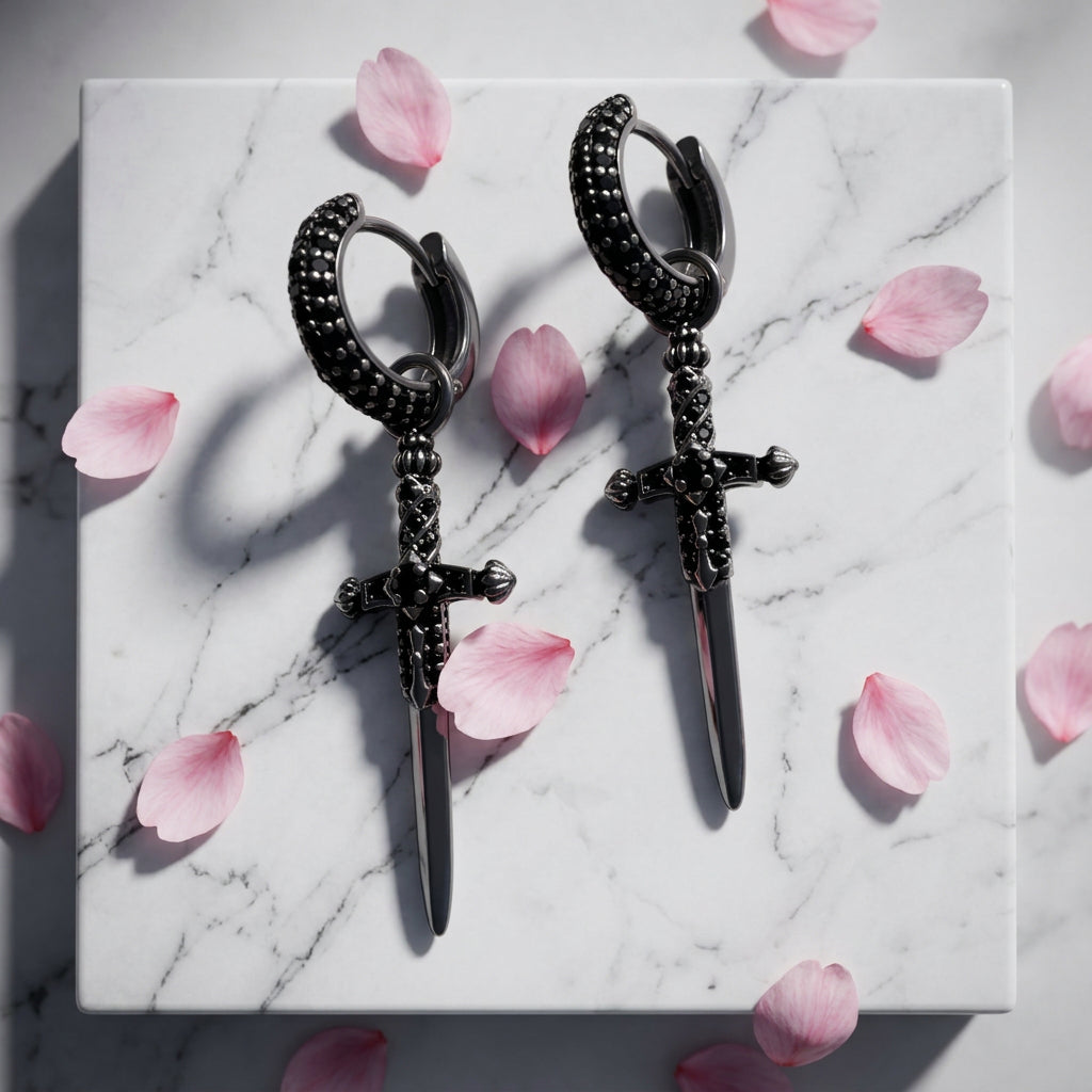 Women’s & Men’s 925 Sterling Silver Gothic Sword Huggie Hoop Medieval Dagger Earrings