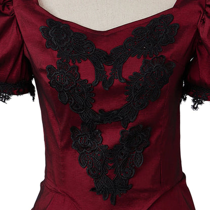 Gothic Victorian Dark Red & Black Evening Gown with Lace Appliqué & Cap Sleeves