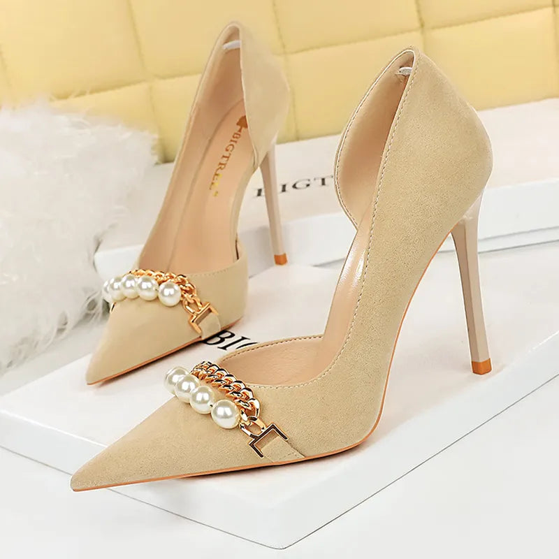 Vintage Plaid Checkered Women's Stiletto High Heels with Pearl & Chain Detail