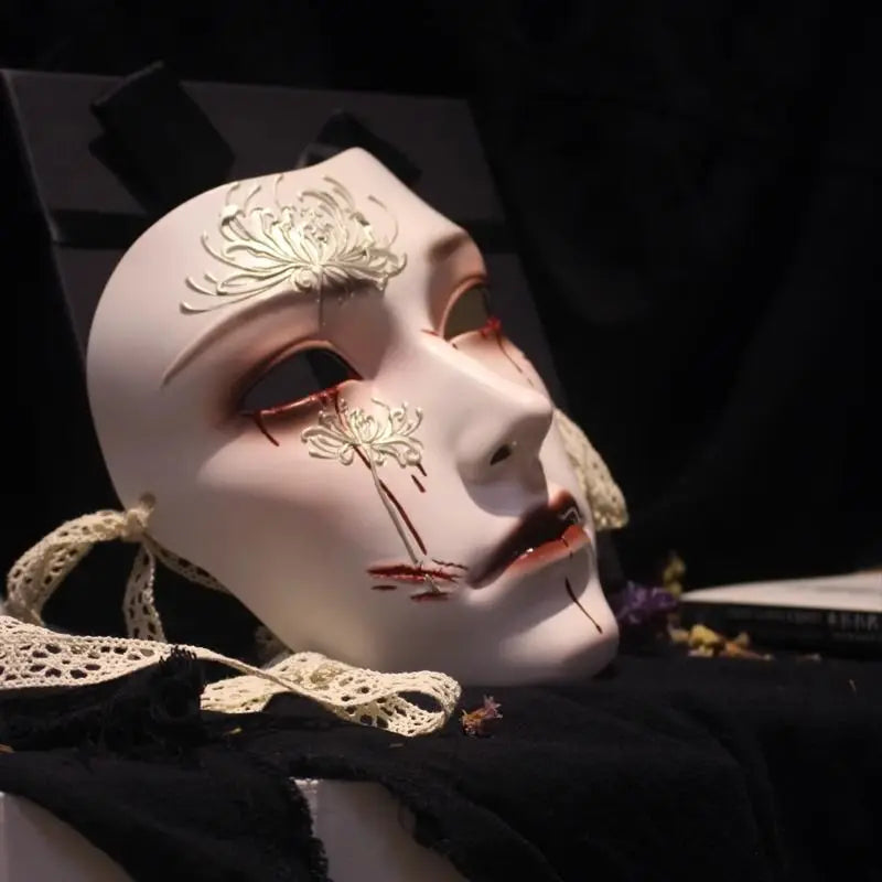 Manjusaka spider lily mask, Gothic blood tear face mask, Chinese inspired full face mask, red spider lily cosplay mask, porcelain Gothic mask, silver flower horror mask, dark fantasy masquerade mask, bloody tear mask cosplay, spider lily Halloween mask, pale full face costume mask, Gothic floral face mask, lace tie masquerade mask, unsettling porcelain mask, fantasy horror face covering