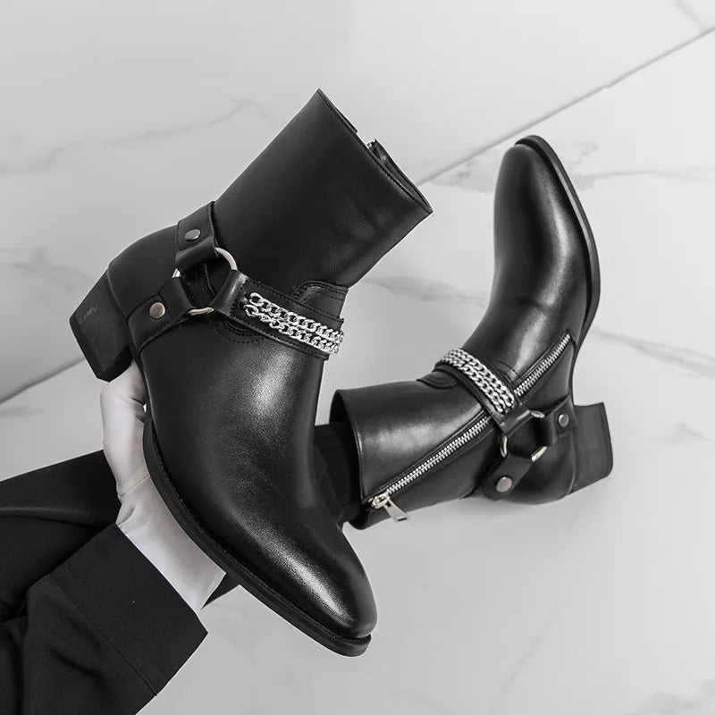 mens harness boots, men's harness boots, chain harness boots, black harness boots, harness ankle boots, mens ankle boots, men's ankle boots, black ankle boots men, mens black boots, men's black boots, O ring boots, O-ring harness boots, chain boots men, side zip boots, zip ankle boots, gothic mens boots, gothic boots men, western ankle boots, western inspired boots, biker ankle boots, moto boots men, alternative mens shoes, dark romantic fashion, vintage inspired menswear, gothic menswear