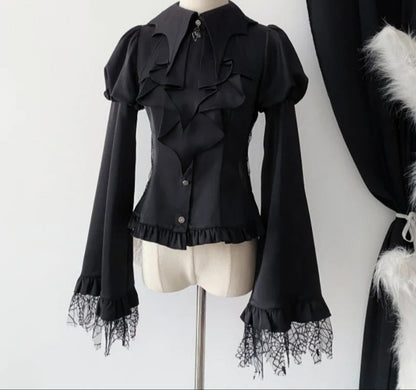 Women's Gothic Vampire Edgy Ruffled Shirt Blouse with Flared Lace Cuffed Sleeves