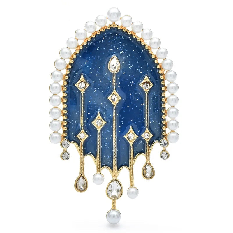 Women's Celestial Night Sky Enamel Brooch with Pearl Studded Arch Window