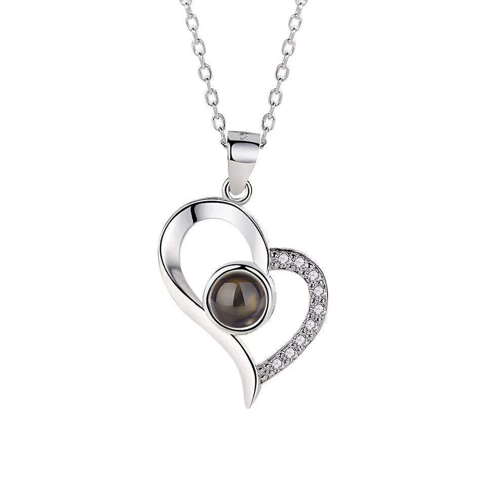 Romantic Love Heart Necklace 100 Languages I Love You Projection Necklace - Lovez Aqua© - Silver Curved Heart