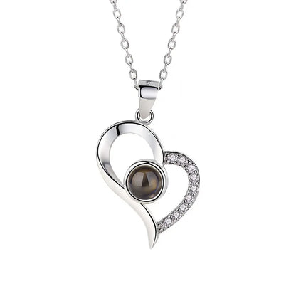 Romantic Love Heart Necklace 100 Languages I Love You Projection Necklace - Lovez Aqua© - Silver Curved Heart