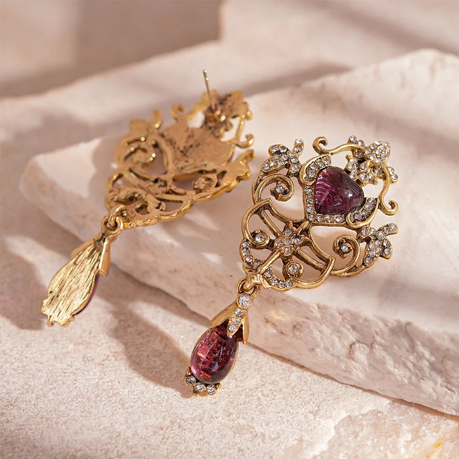 Women's Luxury Antique Gold & Light Magenta Retro Palace Dangle Earrings