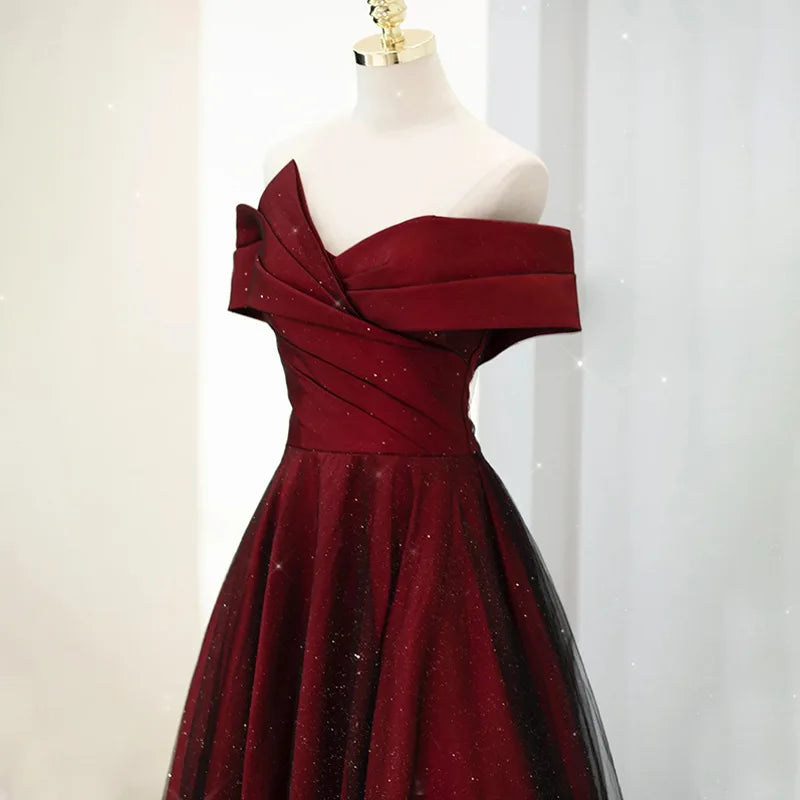Elegant Crimson & Black Glitter Boat Neck Satin A-Line Evening Gown - Lovez Aqua© - 