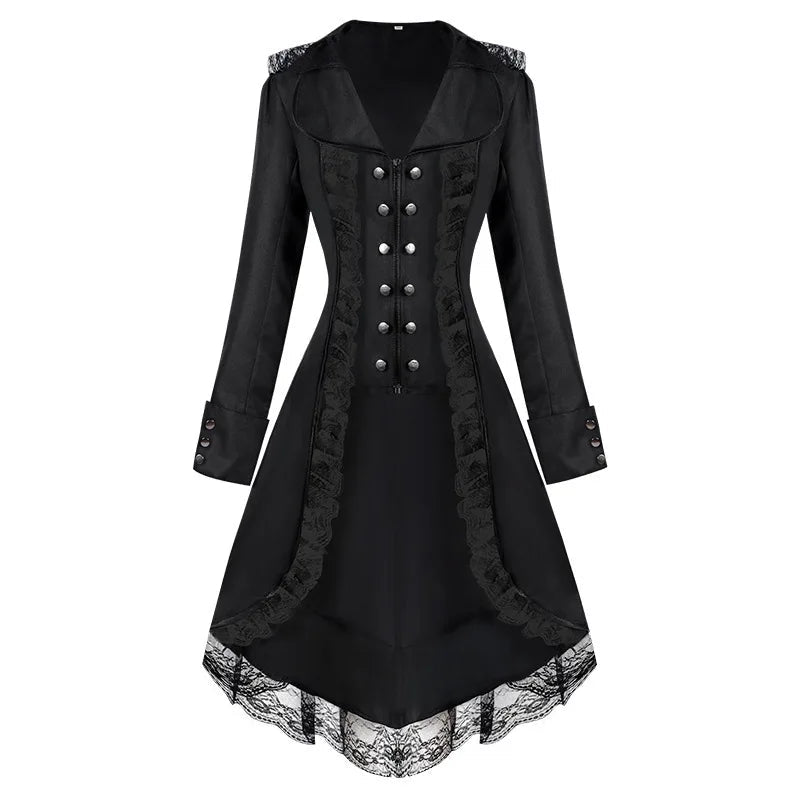 Women's Gothic Victorian Steampunk Embroidered Long Tailcoat Jacket with Lace Trim