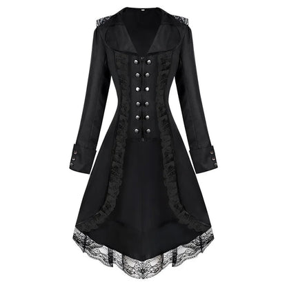 Women's Gothic Victorian Steampunk Embroidered Long Tailcoat Jacket with Lace Trim