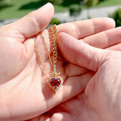 Romantic Heart & Sword Zircon Gothic Fantasy Matching Couple Necklaces