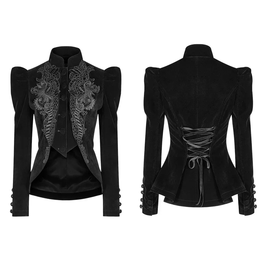 Women's Gothic Black Velvet Embroidered Victorian Short Jacket with Lace & Puffed Shoulders