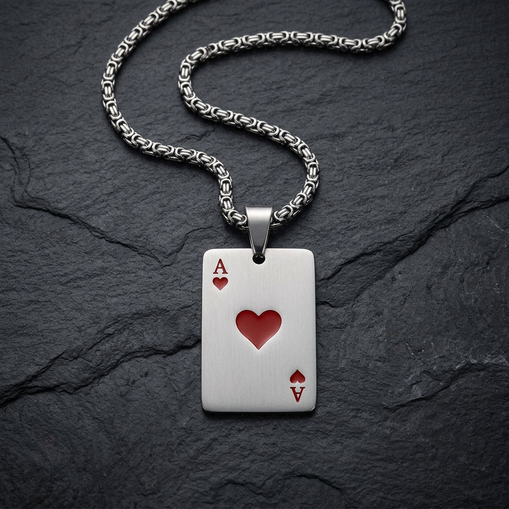 Men’s Silver Ace of Spades or Hearts Playing Card Pendant Necklace | Poker Jewelry