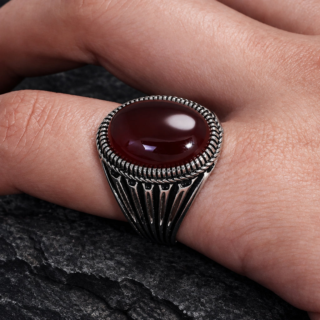 Men’s 925 Sterling Silver Natural Agate Signet Ring | Vintage Oval Cabochon