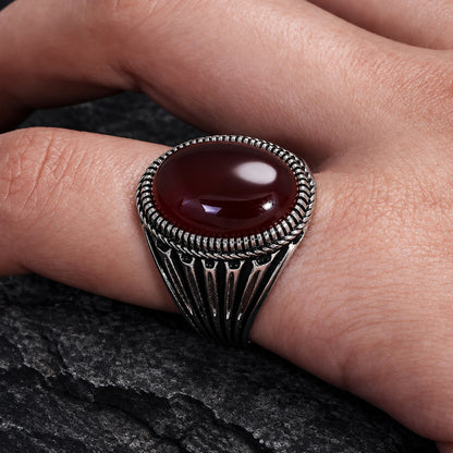 Men’s 925 Sterling Silver Natural Agate Signet Ring | Vintage Oval Cabochon