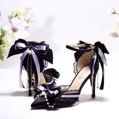 Women's Black & Purple Satin High Heels with Lace, Bow & Pearl Embellishments