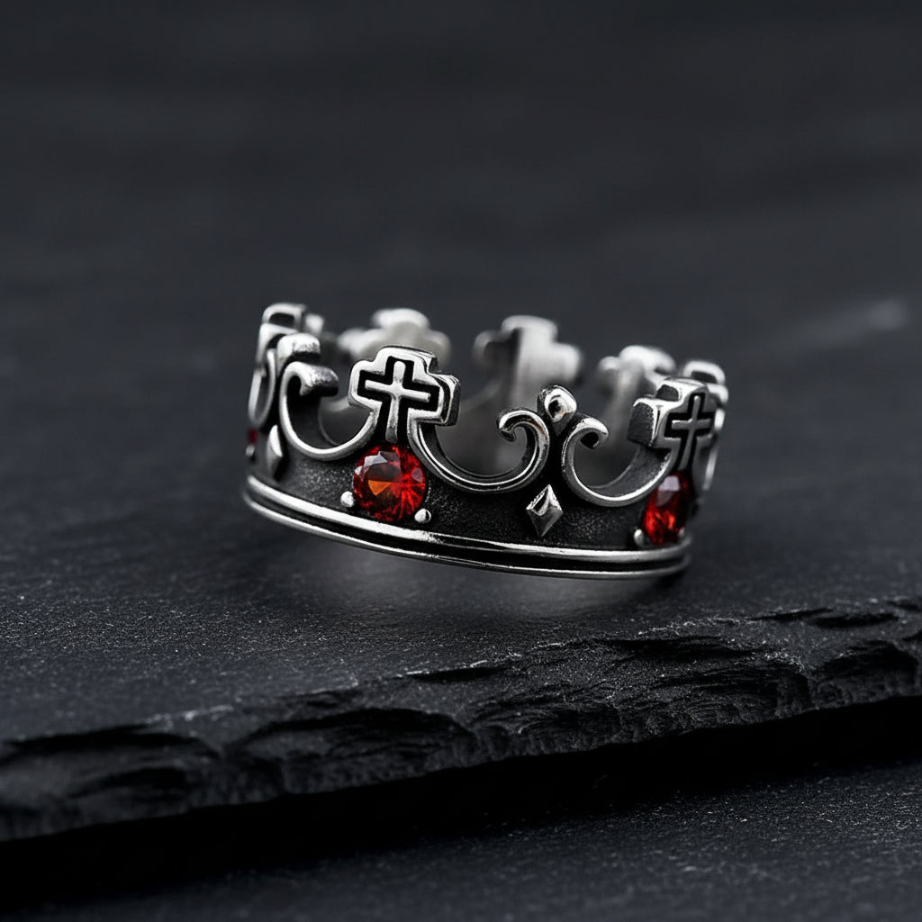 mens gothic crown ring, rebel crown ring, red stone crown ring, gothic royal jewelry, mens cross ring, stainless steel crown ring, dark royal jewelry, gothic mens jewelry, royal crown ring, fantasy prince jewelry, dark prince ring, crimson stone ring, gothic cross jewelry, fairytale mens jewelry, fantasy mens ring, royal statement ring, gothic kingdom jewelry, medieval fantasy ring, dark fairytale jewelry, mens statement jewelry
