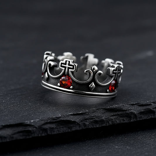 mens gothic crown ring, rebel crown ring, red stone crown ring, gothic royal jewelry, mens cross ring, stainless steel crown ring, dark royal jewelry, gothic mens jewelry, royal crown ring, fantasy prince jewelry, dark prince ring, crimson stone ring, gothic cross jewelry, fairytale mens jewelry, fantasy mens ring, royal statement ring, gothic kingdom jewelry, medieval fantasy ring, dark fairytale jewelry, mens statement jewelry