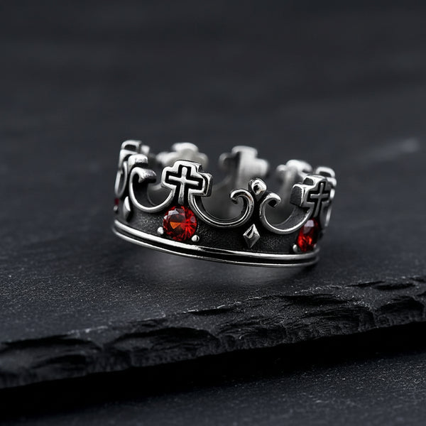 mens gothic crown ring, rebel crown ring, red stone crown ring, gothic royal jewelry, mens cross ring, stainless steel crown ring, dark royal jewelry, gothic mens jewelry, royal crown ring, fantasy prince jewelry, dark prince ring, crimson stone ring, gothic cross jewelry, fairytale mens jewelry, fantasy mens ring, royal statement ring, gothic kingdom jewelry, medieval fantasy ring, dark fairytale jewelry, mens statement jewelry